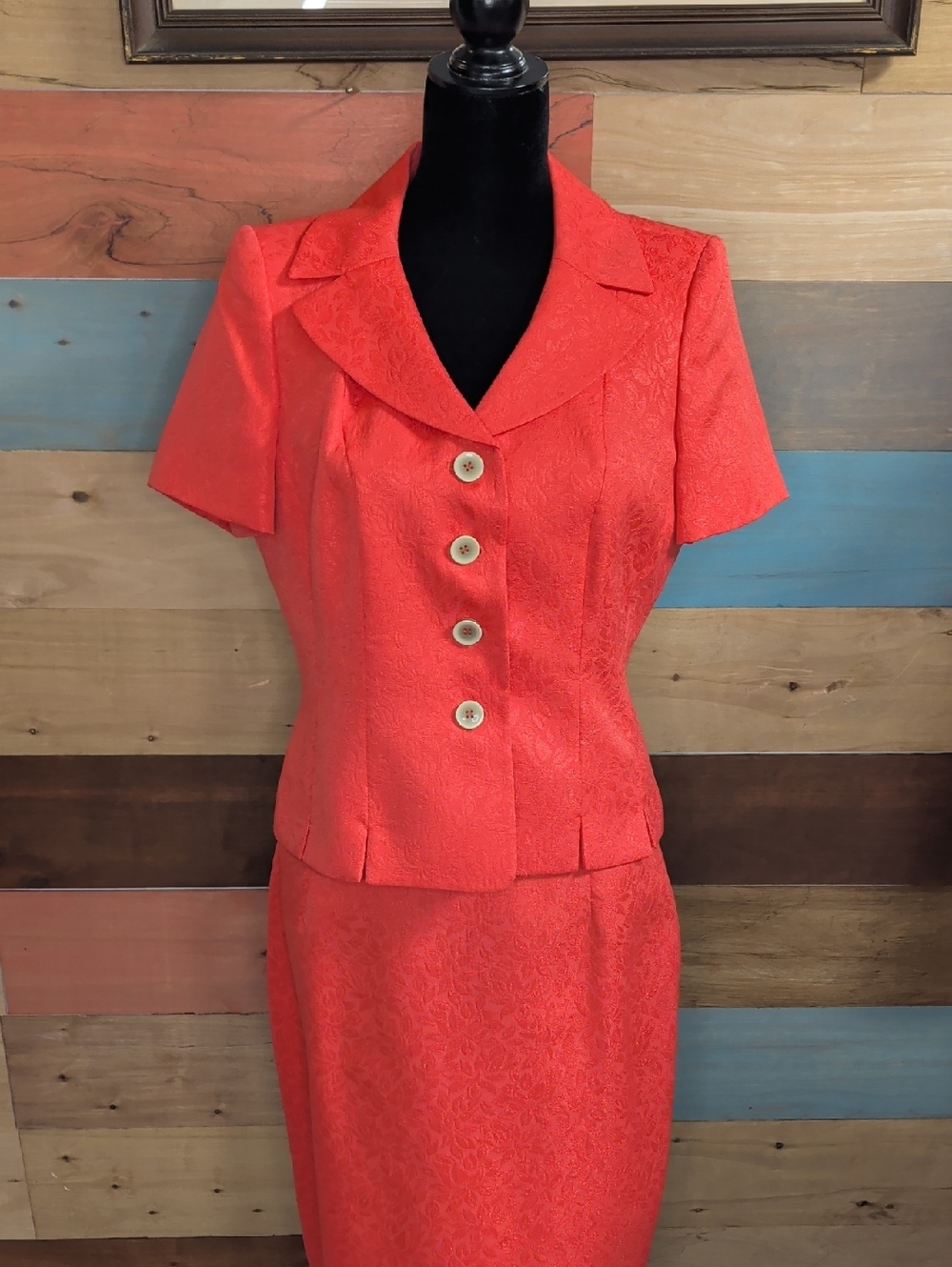 Le Suit Coral Short-Sleeve Pencil Skirt Set